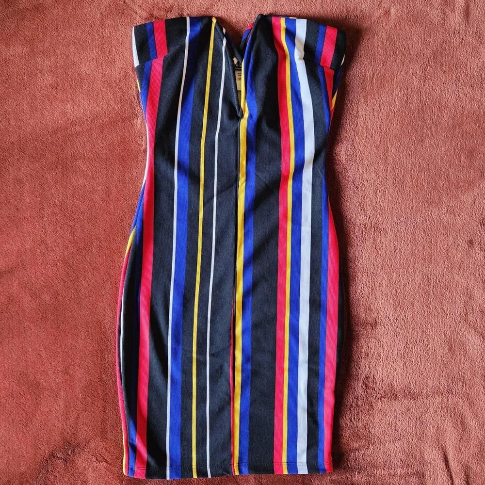 FASHION NOVA Black Mutli-Striped Boned Deep V Bodycon Tube Dress. SZ XS.